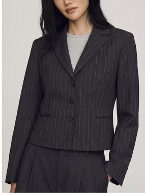 BCBGMaxAzria Pinstripe Blazer Womens Size XS Black 3 Button Tailored Suit Jacket